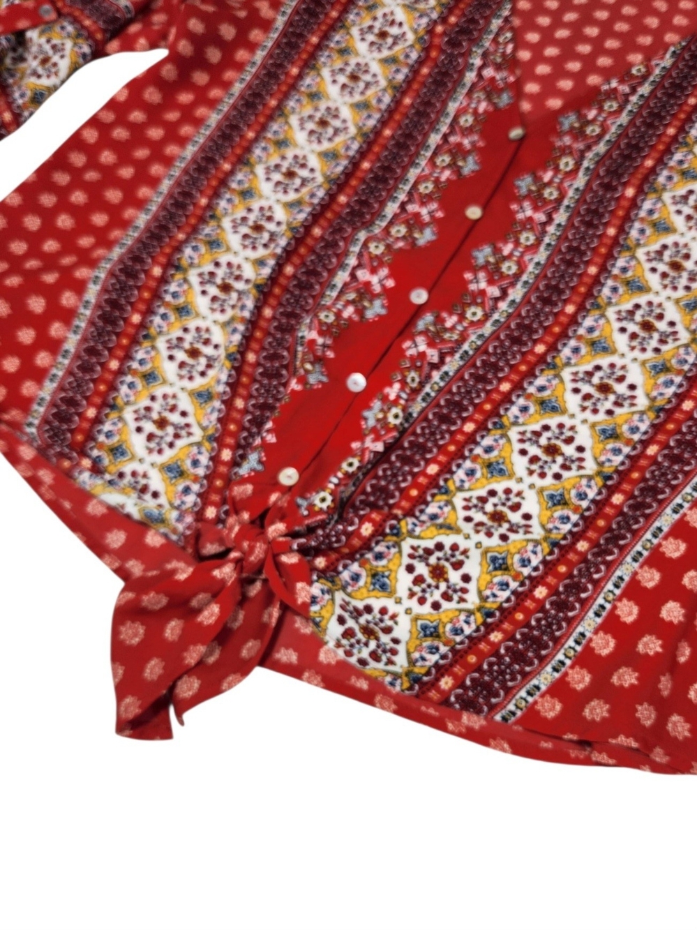 West Kei Women’s L Red Boho Mixed Print Tie Front Blouse 3/4 Sleeve Flowy Fall - Picture 7 of 12